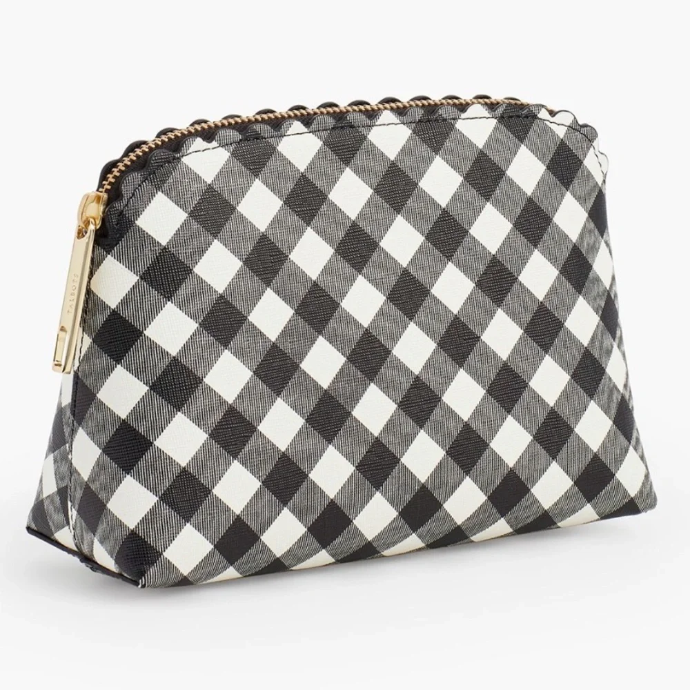 Talbots Cosmetic Makeup Bag Womens Black Cream Gingham Scallop Zipper Travel